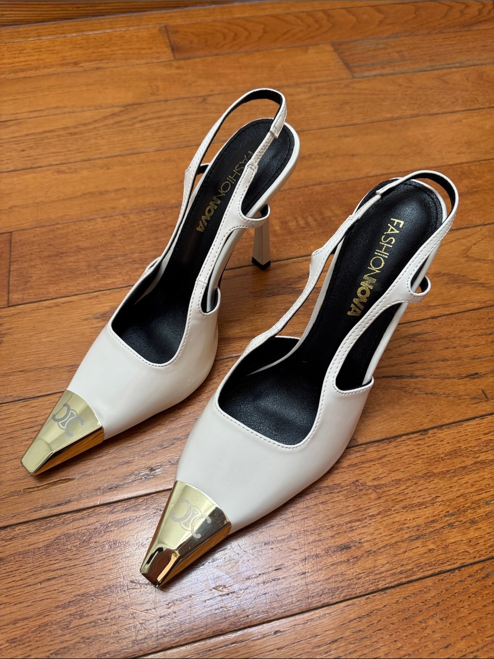 Fashion Nova White Slingback Pumps with Gold Cap Toe Accent